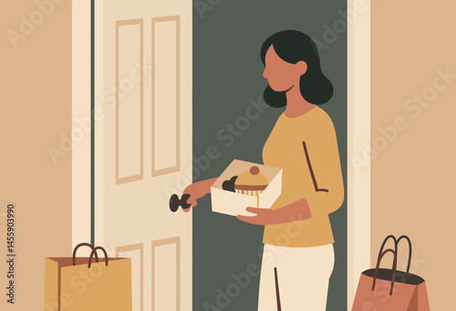 pregnant woman holding gift bag at doorway with shopping bags