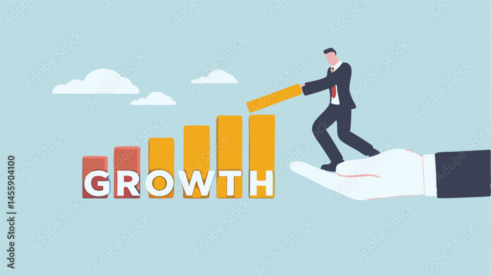 Businessman Building Growth Chart Achieving Success Minimalist Design Blue Sky