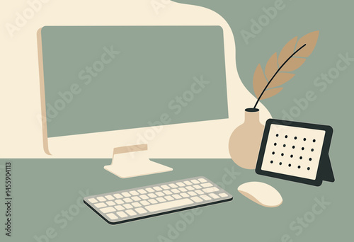 modern home office setup with computer monitor, keyboard, tablet, and pen