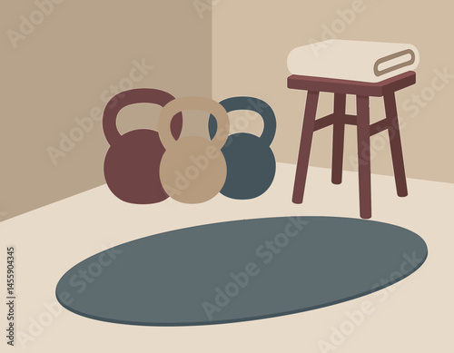 home gym setup with dumbbells and bench on rug