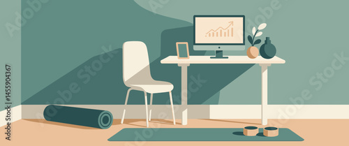 modern home office with desk, chair, computer, yoga mat, and plant