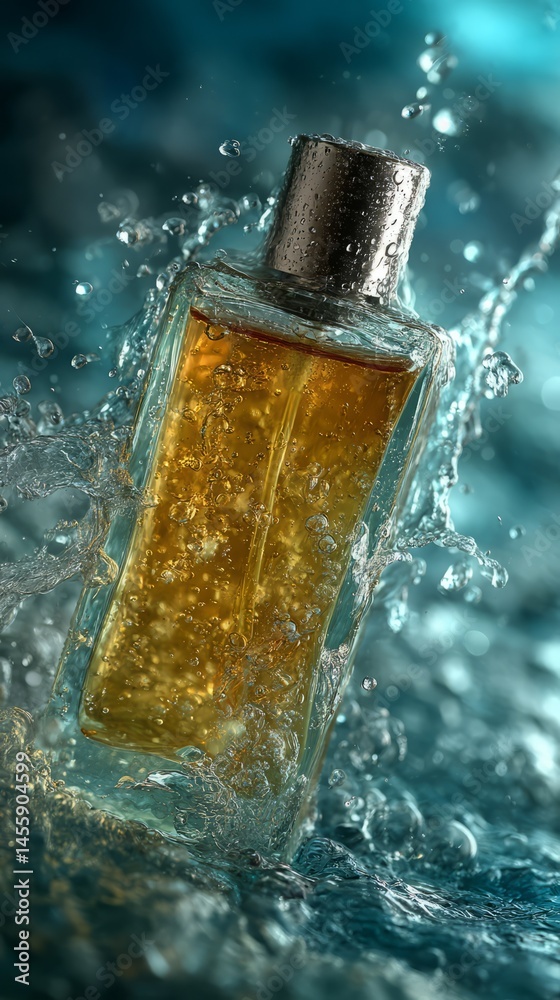 Elegant perfume bottle surrounded by water splash for luxury fragrance ads Elegant perfume bottle surrounded by water splash for luxury fragrance ads