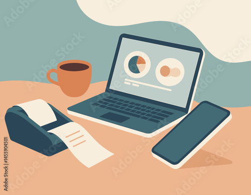 workspace with laptop, coffee cup, phone, and papers