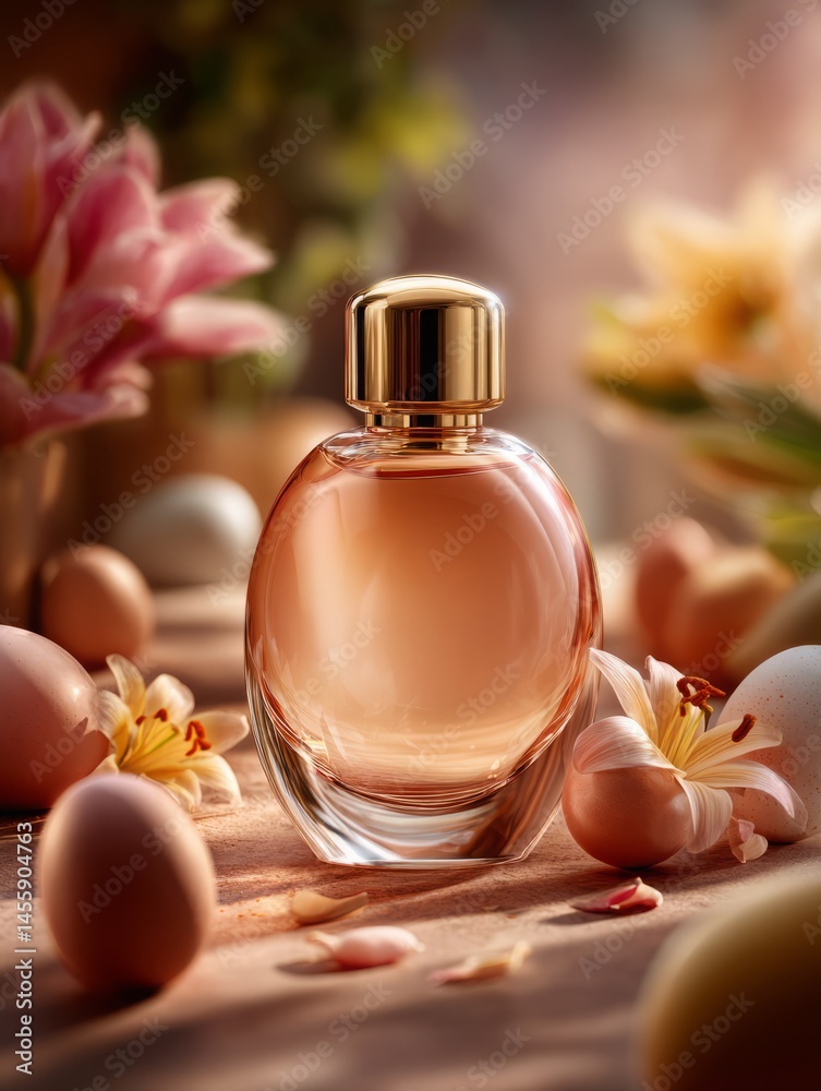 Elegant perfume bottle with Easter eggs and flowers in soft sunlight Elegant perfume bottle with Easter eggs and flowers in soft sunlight