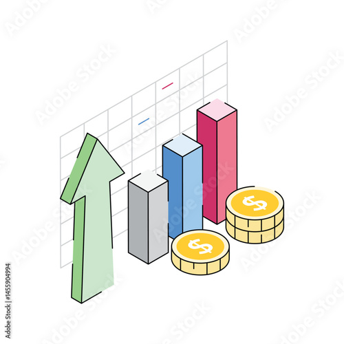 Here is an isometric outline icon of money increase