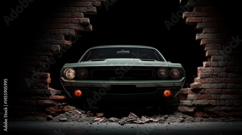 Front View of Vintage Car Crashing Through Brick Wall