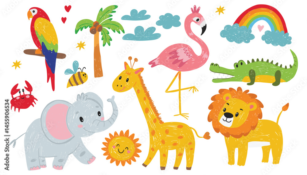 Fototapeta premium Animals in a child style, doodles. Lion, elephant, flamingo, giraffe, parrot, crocodile, crab. Kids' drawings