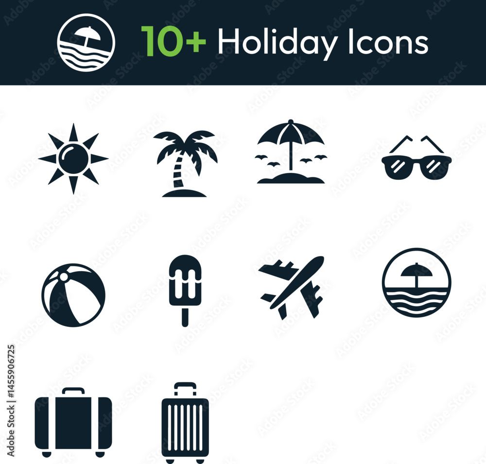 Obraz premium Minimalist Holiday and Travel Icons – White Vector Symbols on Dark Background for Vacation Design