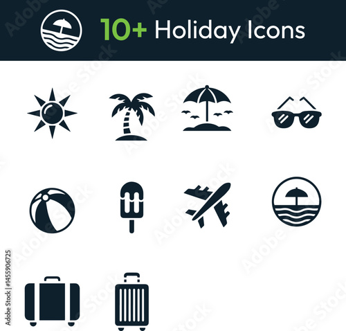 Minimalist Holiday and Travel Icons – White Vector Symbols on Dark Background for Vacation Design