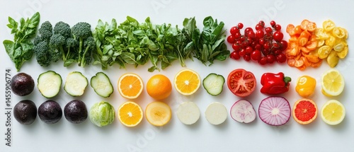Fototapeta Naklejka Na Ścianę i Meble -  Assorted vegetables and fruits are sliced and arranged in color gradient rows, creating vibrant display promoting healthy eating.