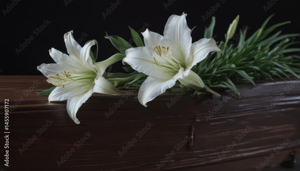 Obraz premium A solitary white lily with a gracefully curved stem rests on a dark coffin , hope, white flower, image