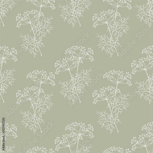 Dill branches with seeds, seamless pattern, hand drawn fennel doodle. White herbal dill on green pastel background. Textile.