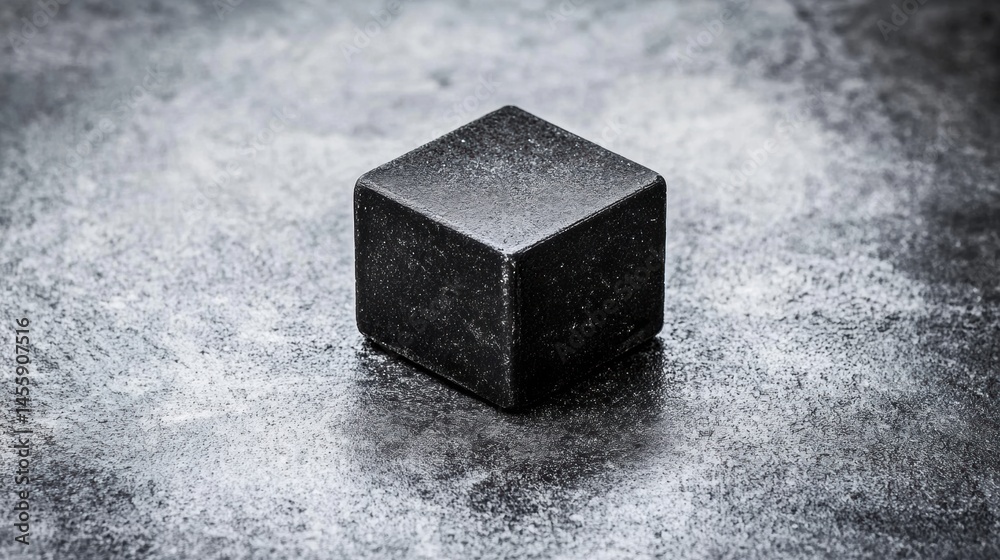 A cube of black metal on a gray surface. A cube of black metal on a gray surface.
