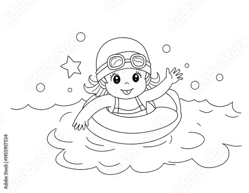 Summer coloring page for kids of a cute girl swimmer in pool or sea with a pool float. you can print it on 11x8.5 inch paper