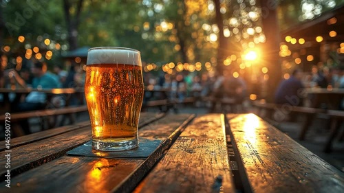 Golden beer in a sunlit outdoor space during a lively gathering in the evening