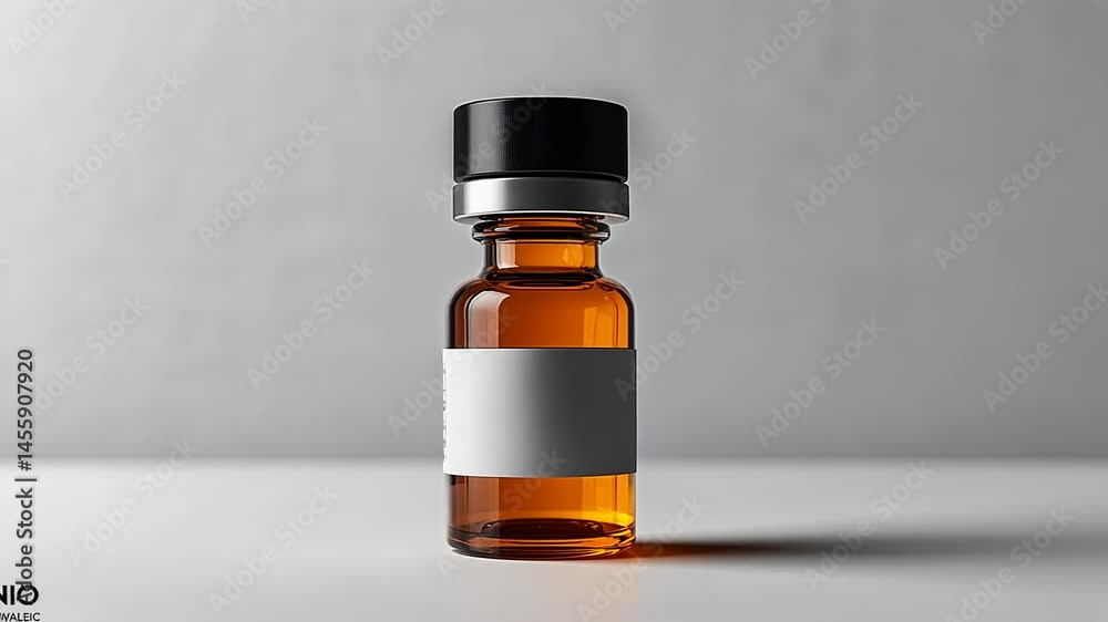 Brown glass vial with black cap on a gray background Brown glass vial with black cap on a gray background