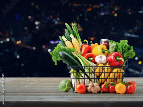 Vegetables and fruits in shopping basket on wooden table over blur colourful night light modern city tower and skyscraper