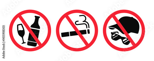 Prohibited items signage: alcohol, smoking, and headwear