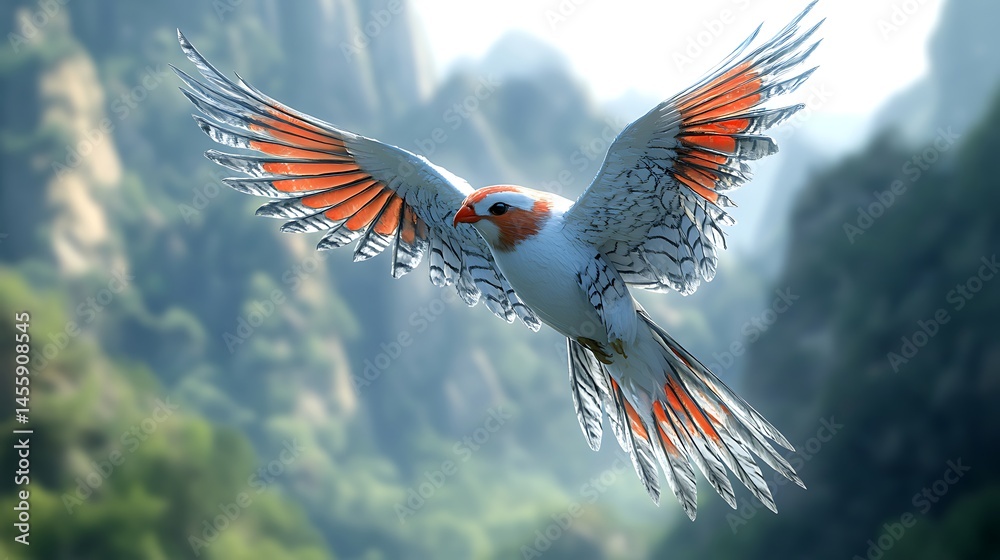 Fototapeta premium Flying bird with vibrant wings against a mountain backdrop