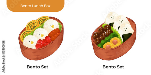 Fotografi Illustration of a traditional Japanese bento lunch box featuring rice, vegetables, sushi, and side dishes