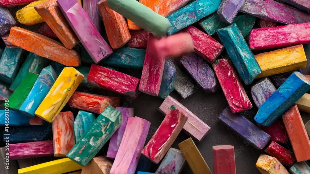 Colorful chalk pieces gradually topple and scatter across a surface in vivid unison