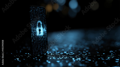 Digital security system concept with smartphone and lock symbol on precis background
