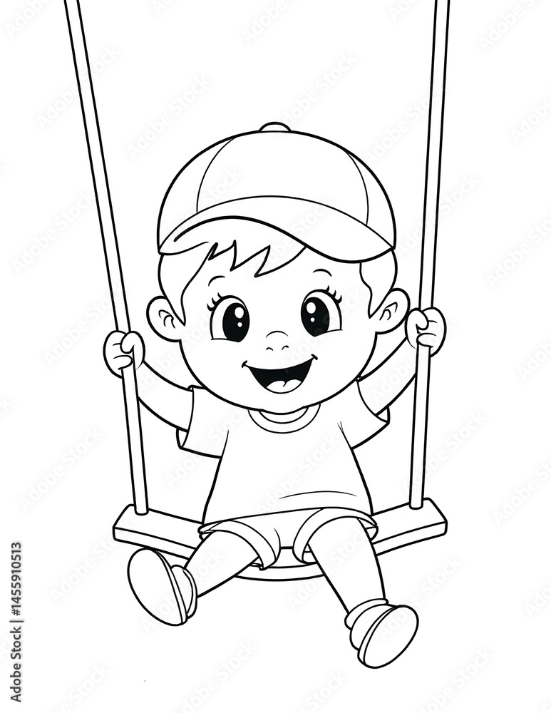 Little Boy on Swing in Summer. Line Art Coloring Book Illustration for Kids. Art work for 8.5x11 inch Paper Size Little Boy on Swing in Summer. Line Art Coloring Book Illustration for Kids. Art work for 8.5x11 inch Paper Size