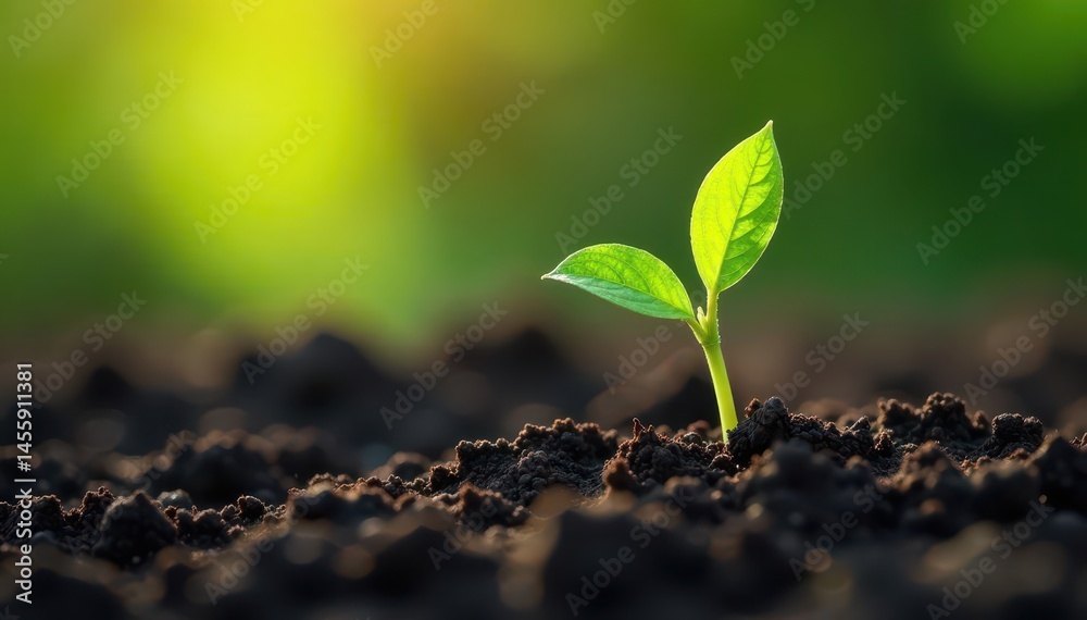 Fototapeta premium Vibrant green sprout emerging from dark soil, bathed in sunlight , horticulture, roots