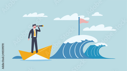 Businessman on paper boat navigating stormy seas searching for opportunity with