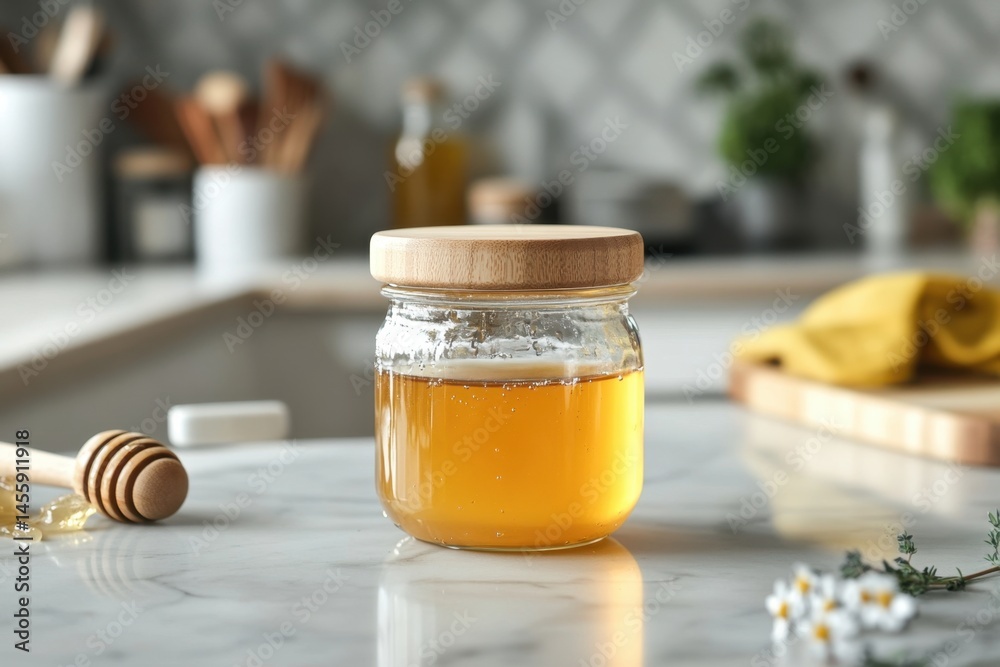 Rustic honey jar with wooden lid on kitchen counter beautifully captured in natural light inviting domestic atmosphere showcasing sweetness and craftsmanship Rustic honey jar with wooden lid on kitchen counter beautifully captured in natural light inviting domestic atmosphere showcasing sweetness and craftsmanship