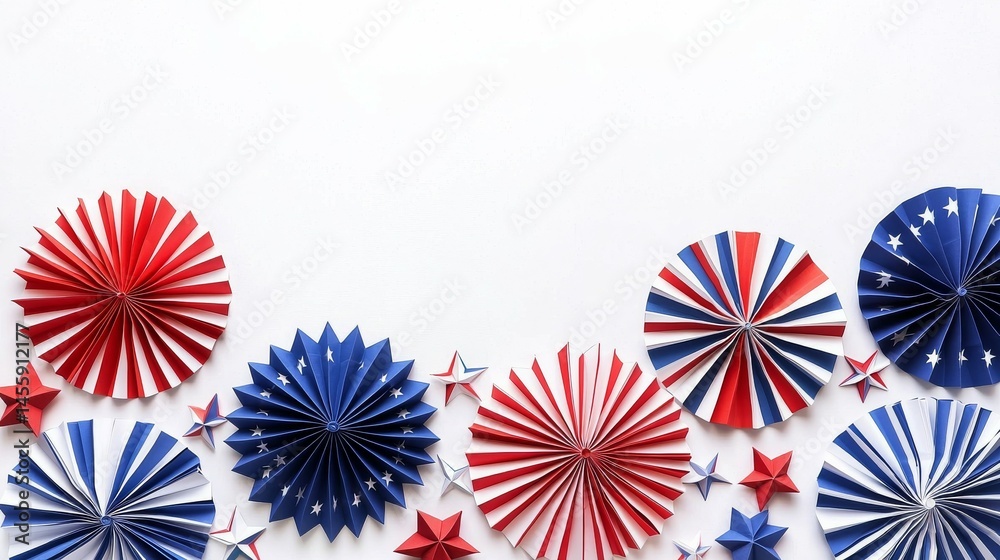 Fototapeta premium Patriotic Paper Fans and Stars on White Background, Decorations , Independence Day