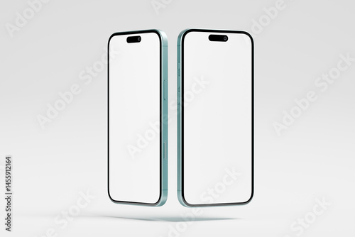 Two modern smartphones with blank screens on white