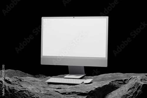 Desktop computer mockup on lunar surface display