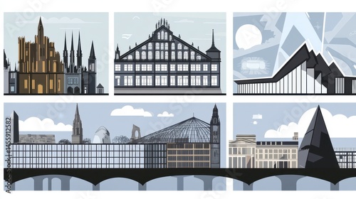 Architectural icons in pixel art style showcasing famous international buildings and urban design in a retro digital format