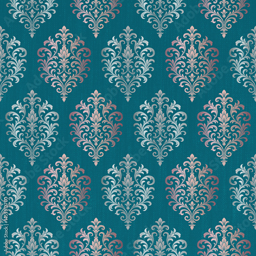 Classic Thai-style textile pattern featuring repeating damask motifs in soft pink and blue on a rich dark blue background. Ideal for luxury fabric designs.