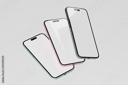 Three smartphones with blank screens for mockups