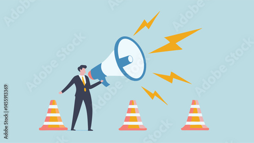 Urgent Announcement Businessman with megaphone warning cones flat design style