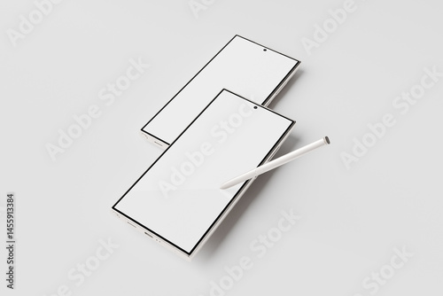 Two isolated smart devices with a stylus present.
