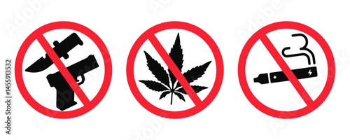 Prohibited items symbols: weapons, drugs, and vaping