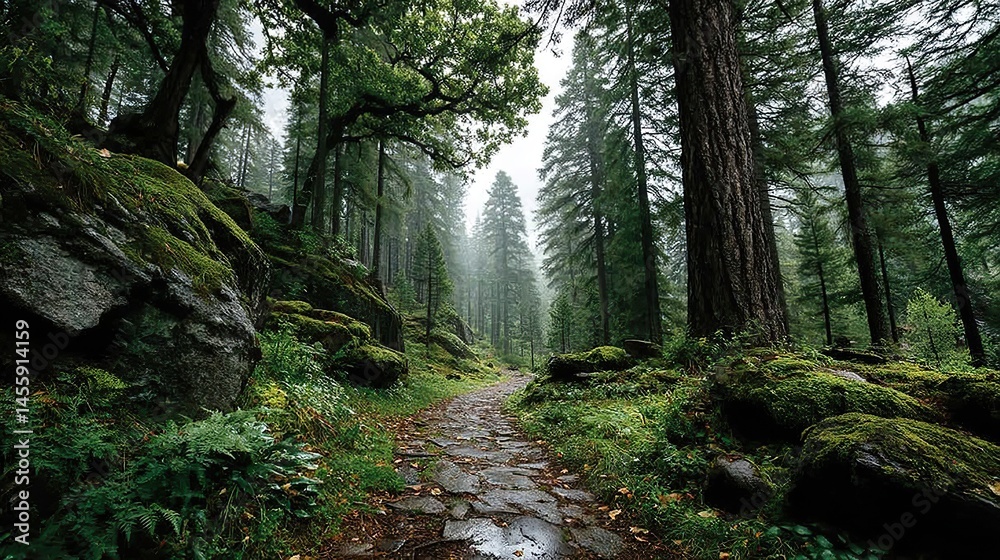 Obraz premium Forest green moss carpets the damp earth beneath a canopy of ancient, towering redwood trees.