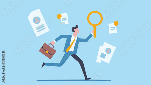 Busy businessman rushes searching resumes briefcase in hand minimalist style
