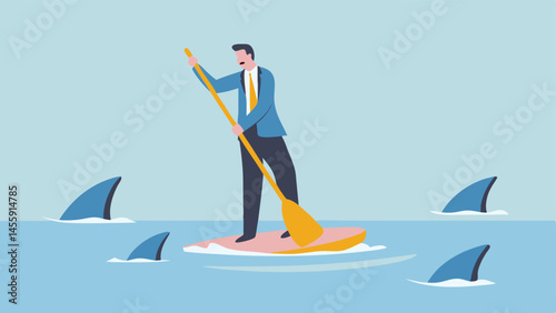 Businessman paddling amidst sharks navigating challenges resilience risk