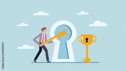 Businessman unlocks success key to victory trophy awaits minimalist vector