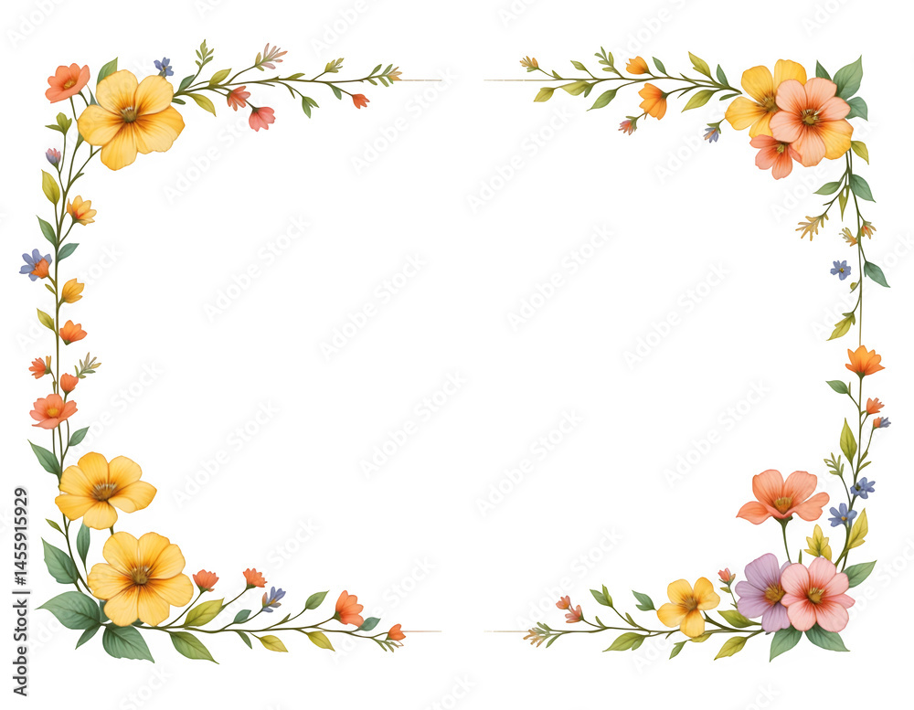Fototapeta premium Vibrant Floral Border Frame PNG on Transparent Background,Floral Copy Space Design,Floral Border, loral nursery decor for greeting cards, invitations, wedding, birthday, baby shower and postcards