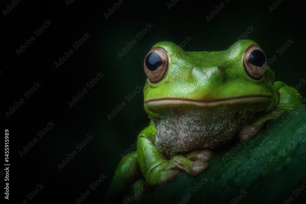 Fototapeta premium Close-up of a Green Tree Frog on a Leaf with Dark Background