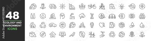 Ecology icons set. Vector illustration in modern thin line style of environment related icons: sustainable future, recycling, green energy, and more. Pictograms and infographics