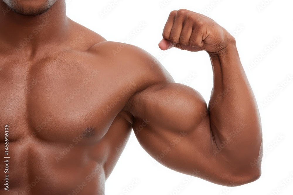 Muscular African American Man Flexing Bicep on White Background. Fitness, Strength, and Healthy Lifestyle Concept. Muscular African American Man Flexing Bicep on White Background. Fitness, Strength, and Healthy Lifestyle Concept.