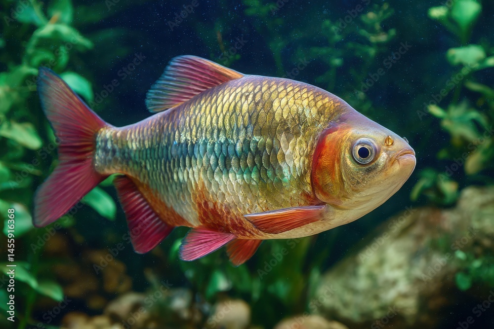 Golden Orfe Fish Portrait in Aquarium with Lush Greenery Background Golden Orfe Fish Portrait in Aquarium with Lush Greenery Background