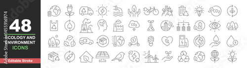Ecology icons set. Vector illustration in modern thin line style of environment related icons: sustainable future, recycling, green energy, and more. Pictograms and infographics editable stroke