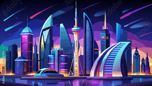 Beautiful skyline of Dubai city at night in United Arab Emirates